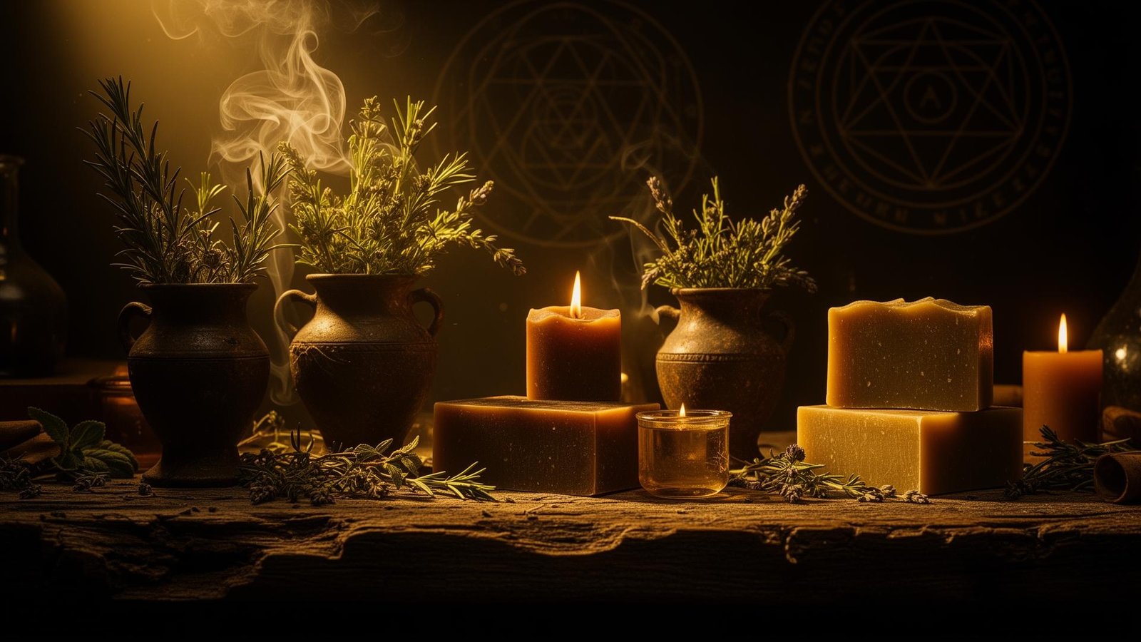 Laboratorio alquímico con jabones artesanales y velas aromáticas